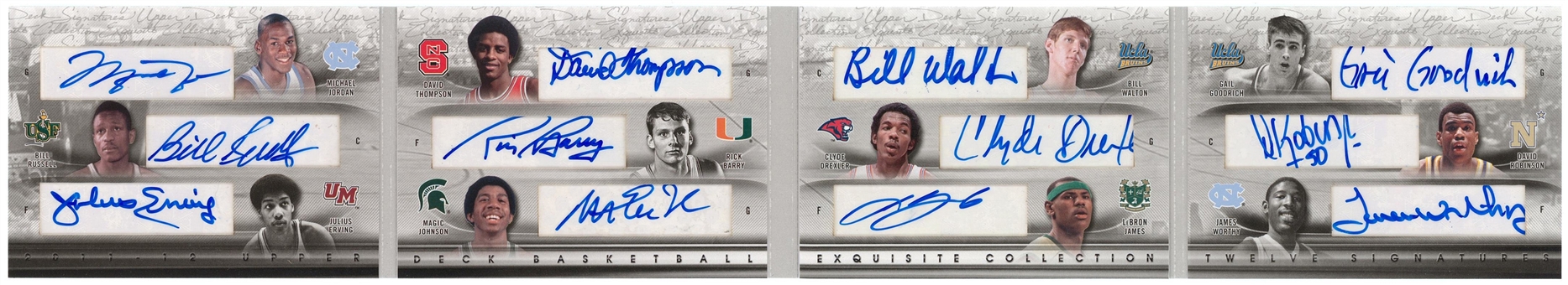 2011/12 UD "Exquisite Collection" Basketball Signatures #E12-16 Multi-Signed Quad-Fold Booklet (#1/1) – Twelve Signatures, Including Michael Jordan, LeBron James, Bill Russell and More!